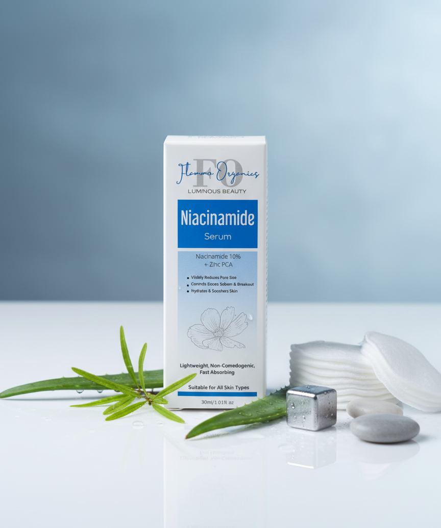 Niacinamide Serum outer carton in sophisticated setting