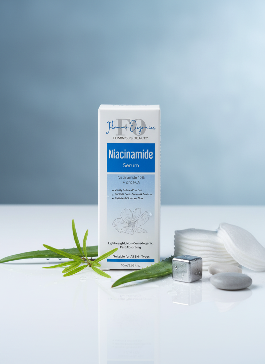 Niacinamide Serum outer carton in sophisticated setting